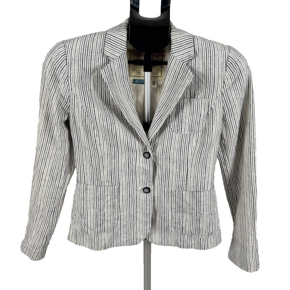 Anthropologie Cartonnier Linen Seersucker Blazer 00 Blue Stripe Cropped Jacket